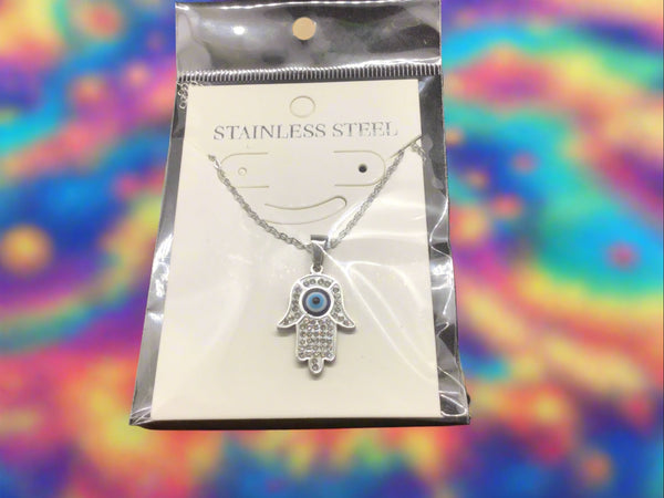 Evil Eye Protection Necklace - Fatima Hand w/ Gems Silver