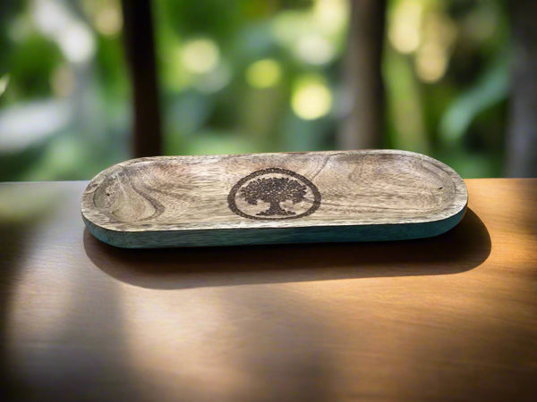 Mango Wood Oval Incense Holder Laser Engraved - Tree of Life