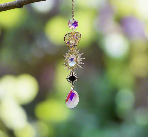 Crystal Hanging String - AB Crystal Drop w/ Heart & Sun Charms