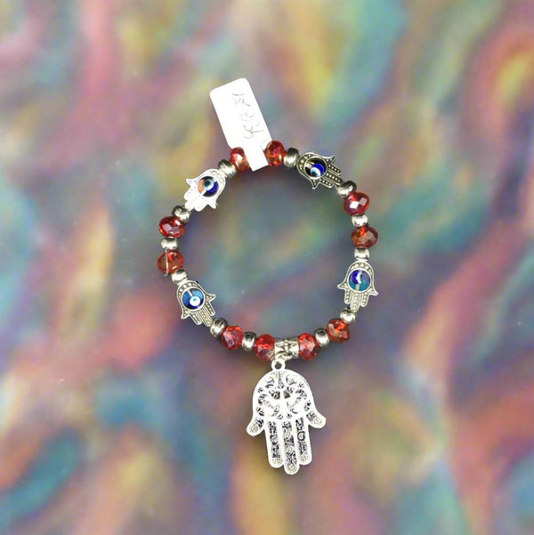 Glass Beads  Bracelet Red w/ Evil Eye Fatima Hand