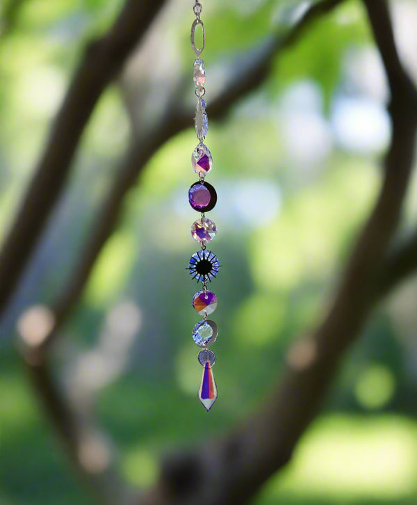 Crystal Hanging String - AB Crystal Mini Discs w/ Moon & Star Burst Charms