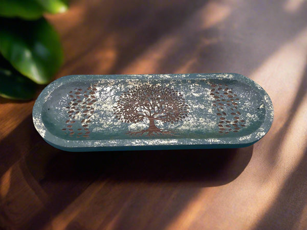 Mango Wood Oval Incense Holder Laser Engraved - Tree Of Life Green