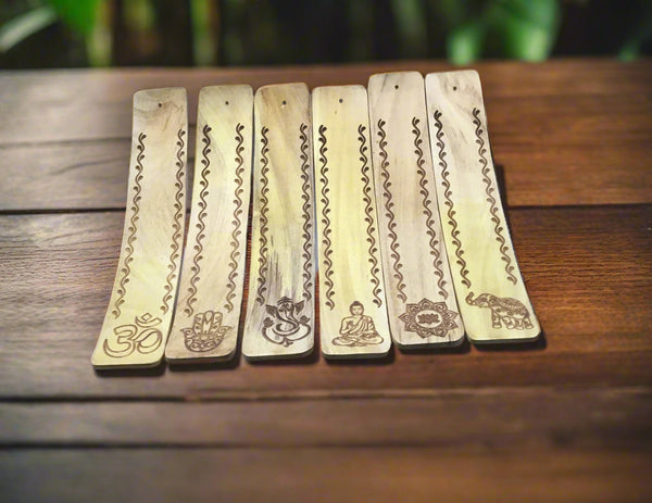 Wood Incense Holder Engraved - Asstd Buddhist Design