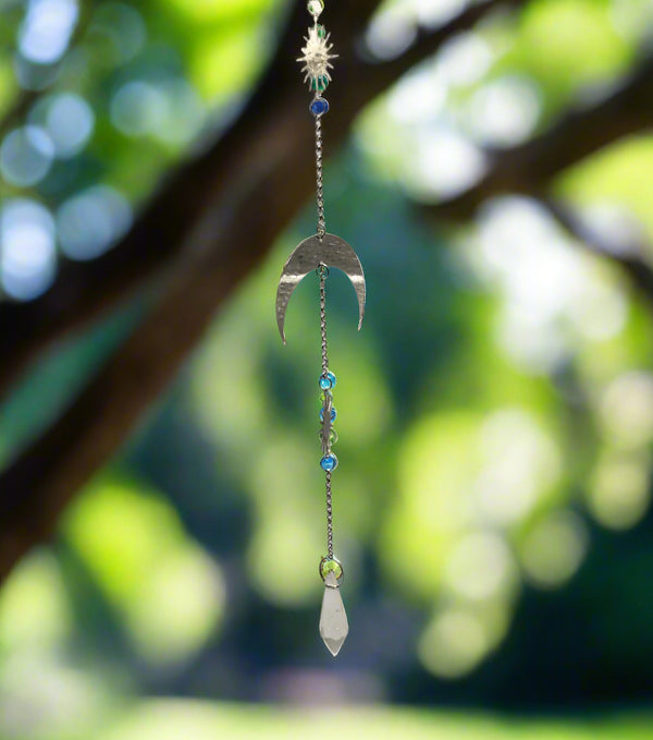 Crystal Hanging String - AB Crystal Tear Drop w/ Moon & Star Burst Charms