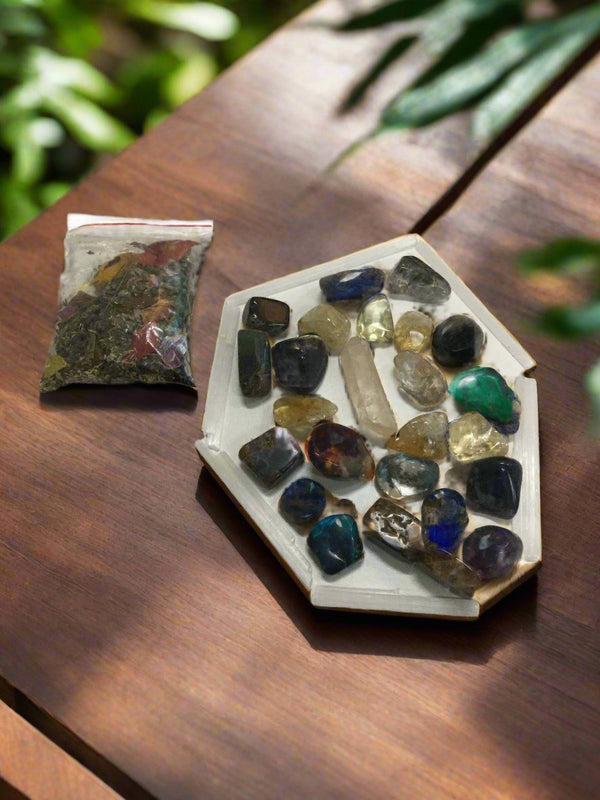 Crystal grid with herbs