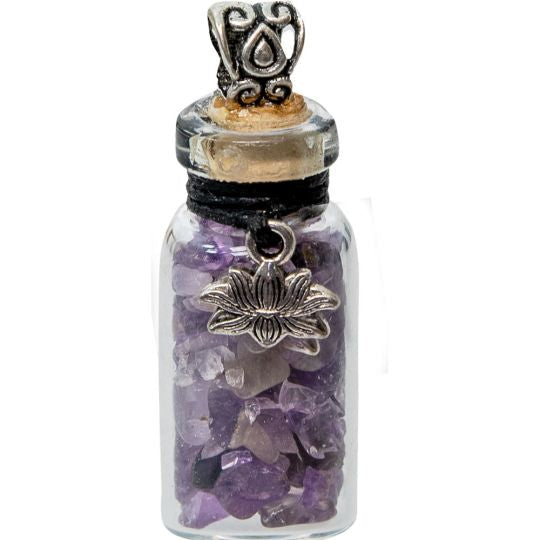Gemstone Chip Bottle Necklace - Amethyst w/ Lotus