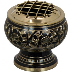 Brass Burner Flower Engraved Large w/ Grid-Black