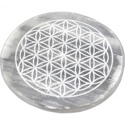 Selenite Incense Holder Round w/ Flower of Life