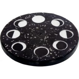 Wood Round Incense Holder Glass Mosaic - Moon Phases - Black