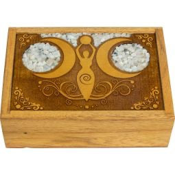 Velvet Lined Laser Etched Wooden Box - Moon Goddess w/ Rainbow Moonstone Inlay