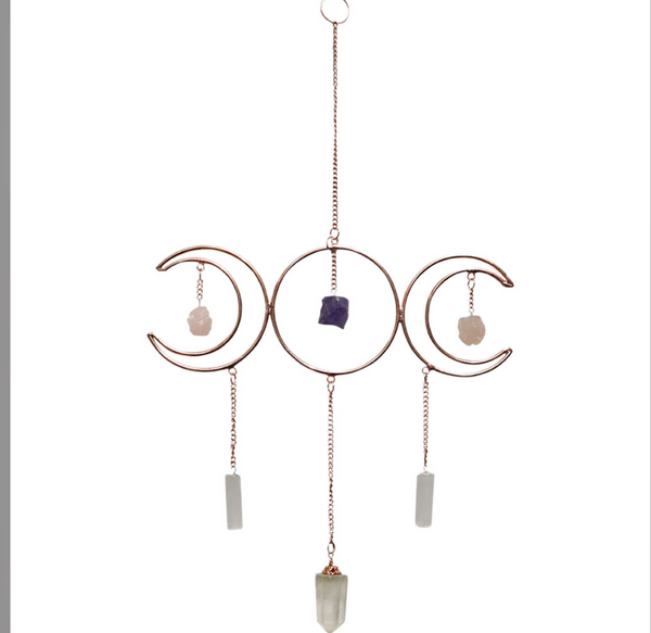 Metal Wall Hanging Triple Moon w/ Crystal Point & Gemstones - Copper