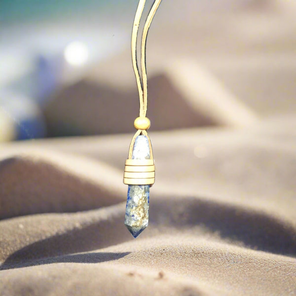 Faceted Point Leather Wrapped Necklace - Lapis