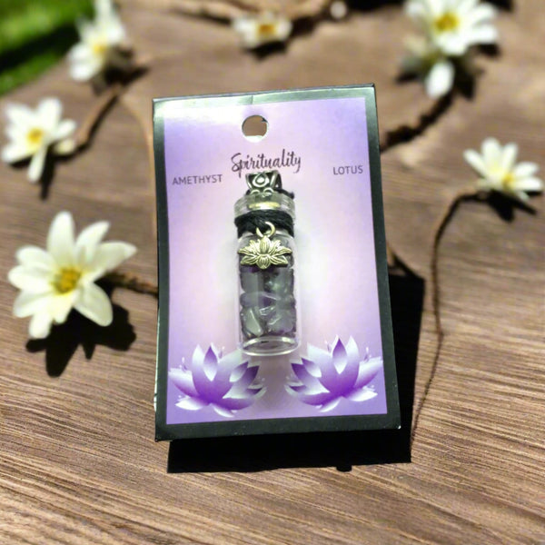 Gemstone Chip Bottle Necklace - Amethyst w/ Lotus