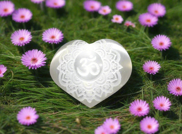 Selenite Heart - Om Lotus