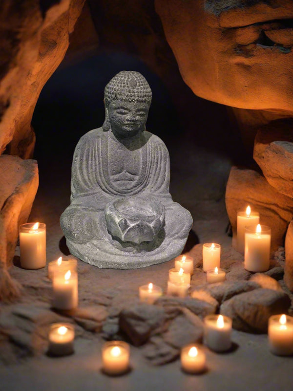 Volcanic Stone Statue & T-light Holder Buddha Charcoal*