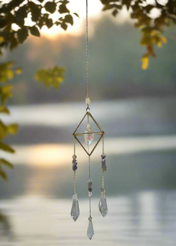 Hanging AB Crystal Prism Suncatcher w/ Amethyst Chips & Purple Crystals