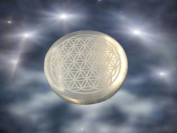 Selenite Incense Holder Round w/ Flower of Life