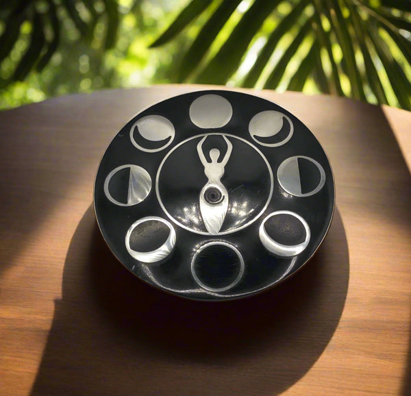 Soapstone Round Incense Holder w/ Silver Inlay - Moon Phase Goddess