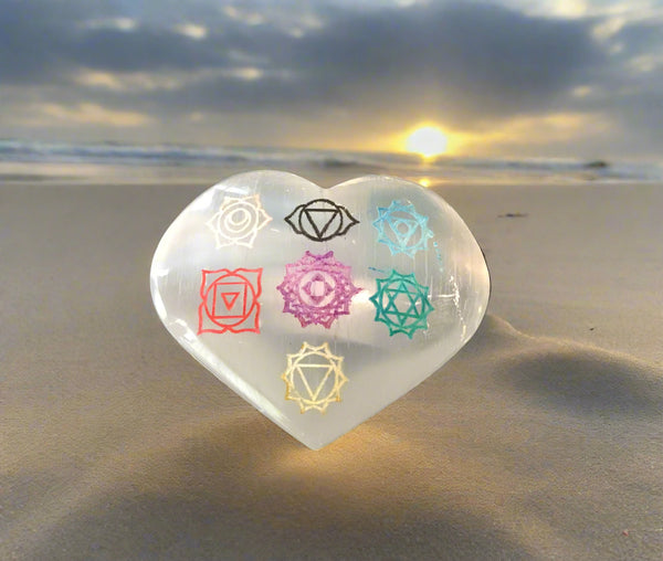 Selenite heart with chakras
