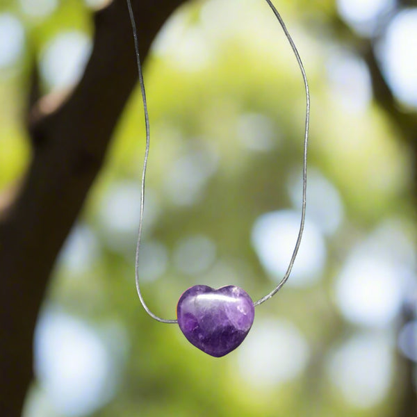 Gemstone Puffed Heart Necklace - Amethyst