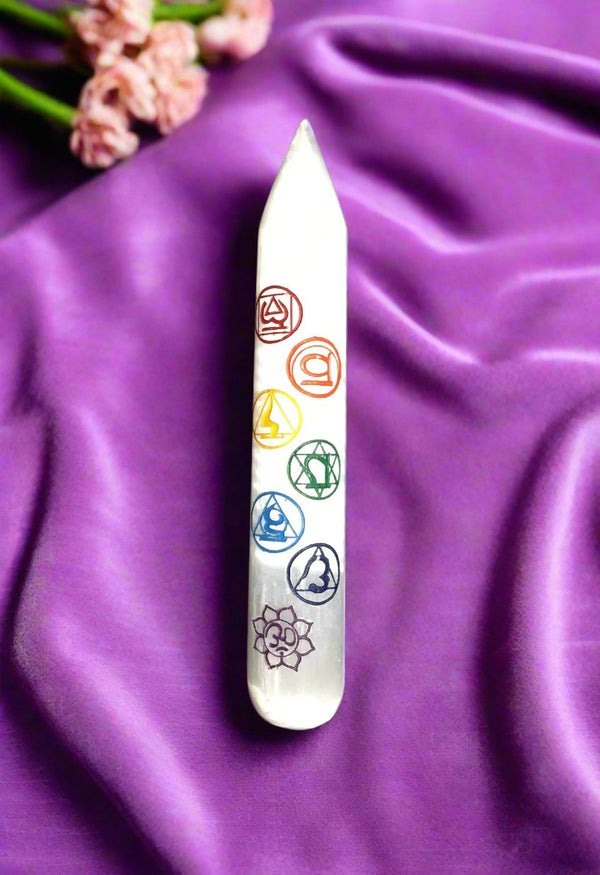 Massage Wand White Selenite with 7 chakras