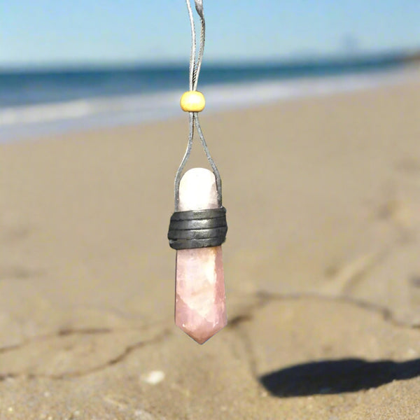 Faceted Point Leather Wrapped Necklace - Rose Quartz