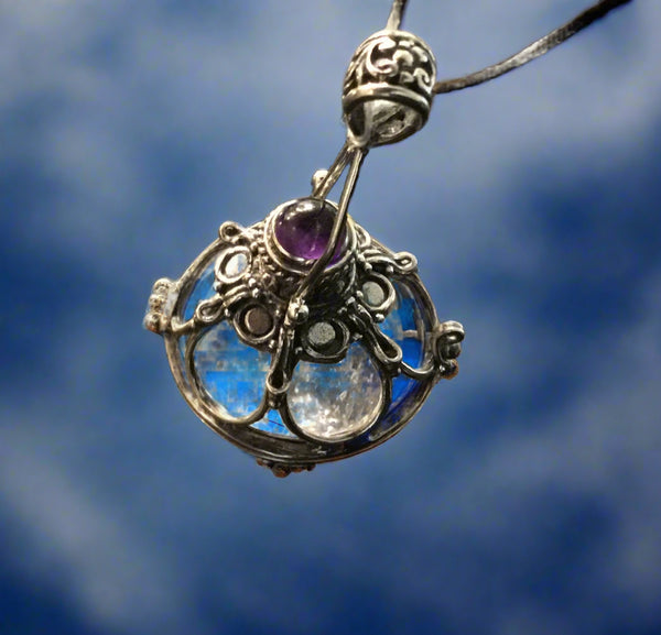 Cage with Quartz sphere pendant w amethyst