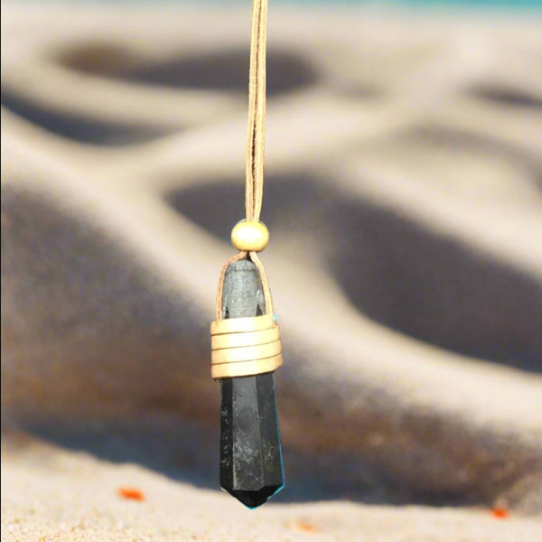 Faceted Point Leather Wrapped Necklace - Black Tourmaline