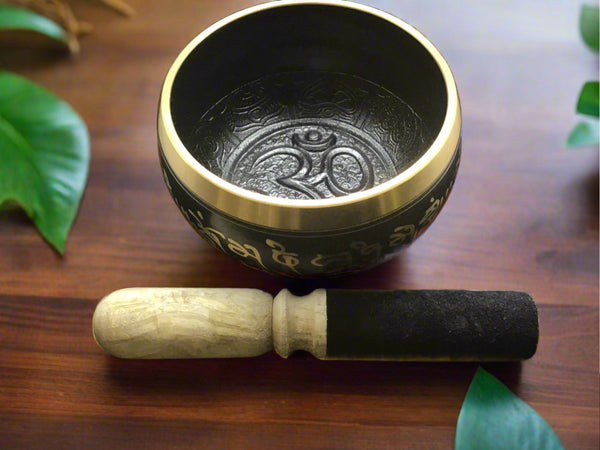 Medium Om Singing Bowl Black and Gold | Embossed 5.5 Inch