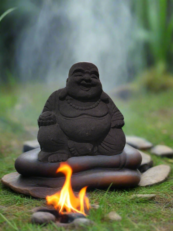 Volcanic Stone Statue Happy Buddha Black