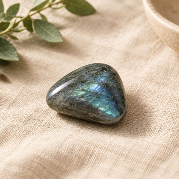 Labradorite tumbled stone styled on warm cream linen