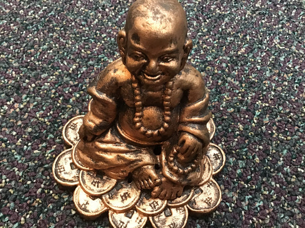 Antique Copper Clay Incense Holder - Happy Buddha Sitting on Money