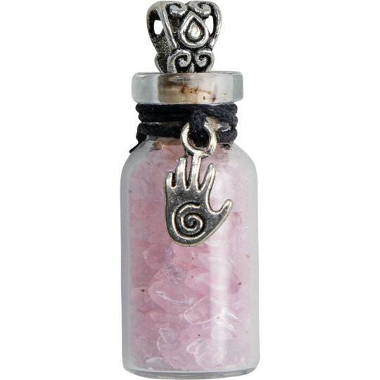Gemstone Chip Bottle Necklace - Rose Quartz w/ Healing Hand